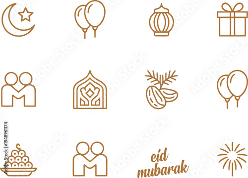 A vibrant collection of festive line icons celebrating Islamic traditions and Eid Mubarak concepts