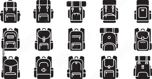 Collection of various backpack and luggage icons in black