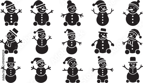 Black Silhouette Snowmen in Various Winter Hats and Scarves