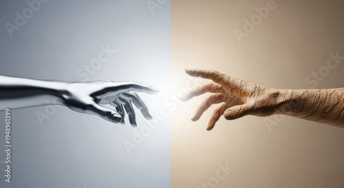 Human Hand Reaching Toward Robotic Hand Symbolizing Future Connection