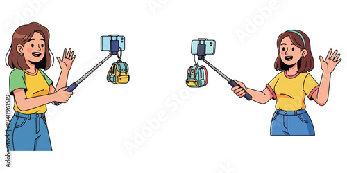 Two girls holding selfie sticks with smartphones and backpacks, smiling and waving