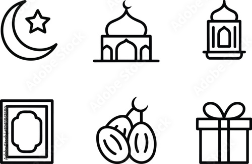Islamic Cultural Icons of Ramadan Crescent Moon, Mosque, Lantern, Quran, Dates, and Gift