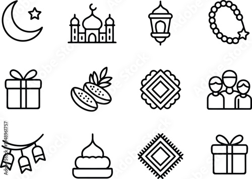 Islamic Ramadan icons of moon, mosque, lantern, prayer beads, gift, dates, geometric pattern, people and bunting flags