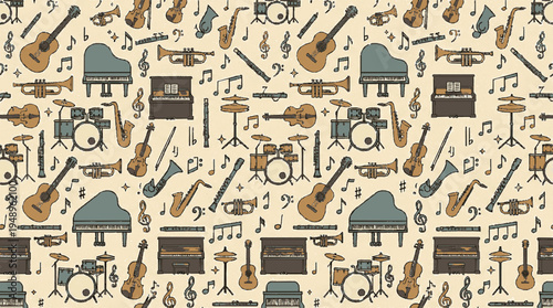Seamless pattern of musical instruments including pianos guitars drums and violins on a beige background for creative design