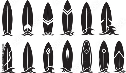 Collection of surfboards with various designs and patterns