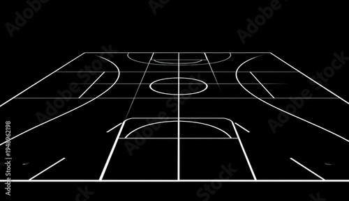 Abstract stark rendering of a basketball court with stark white lines on black backdrop