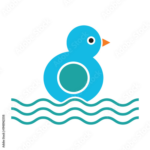 A blue rubber duck floats on wavy teal water with a white background