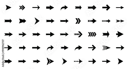 A collection of black arrows pointing in various directions on a white background