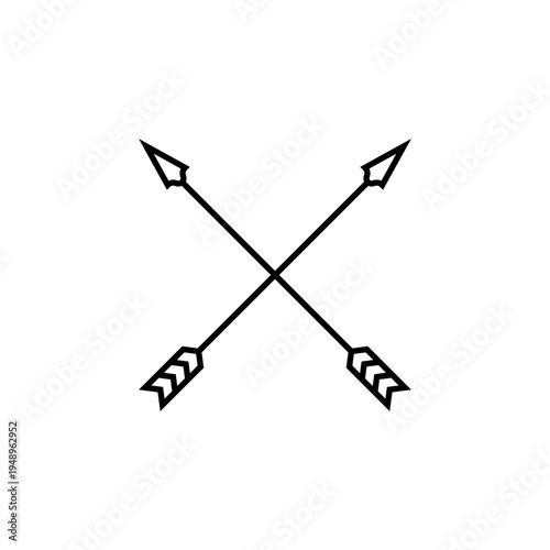 Two crossed bow arrows. Line art vector. Outline isolated illustration on white background.