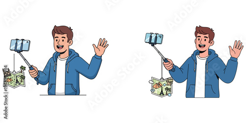 Young man taking selfies with travel maps and souvenirs on selfie stick