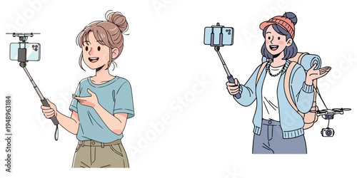 Two women creating content using selfie sticks and drones for vlogging