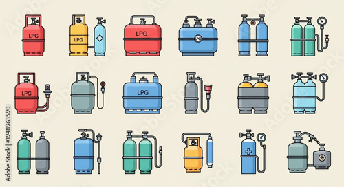 Collection of Gas Cylinders in Various Designs and Colors.