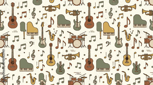 Seamless pattern of musical instruments in vector design featuring guitars pianos drums and notes on a light background