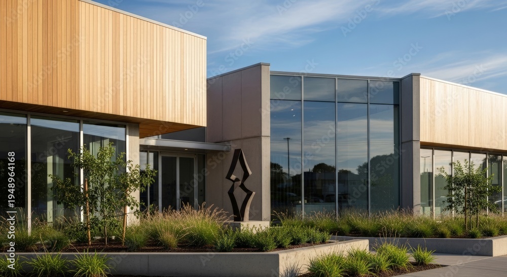 Obraz premium Modern Office Building with Abstract Sculpture and Lush Landscaping