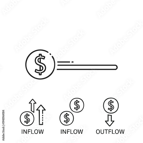 A minimalist line drawing depicts financial transactions with a dollar coin on a key and inflow and outflow icons on a white background with simple graphics.