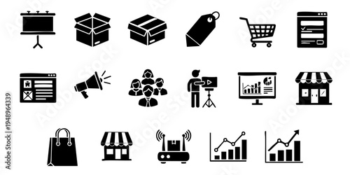 E-commerce icons display business marketing and shopping concepts on screen