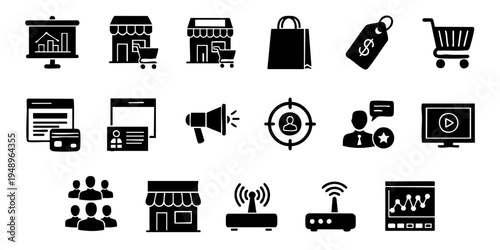 E-commerce icons showcase various online shopping and business elements on screen
