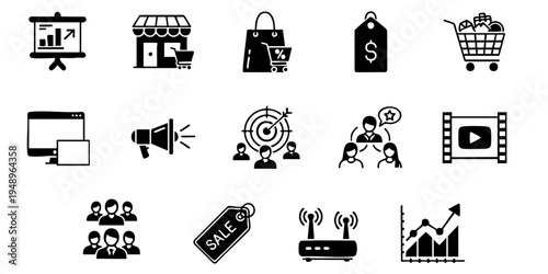 Business icons depict various marketing and commerce related objects on screen