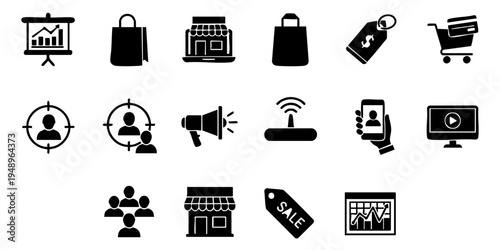 A collection of various business and shopping icons are displayed on a screen.