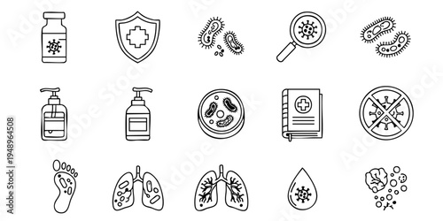 Medical icons illustrate health, hygiene, and disease prevention concepts