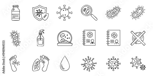 Various icons depicting bacteria, viruses, and hygiene practices are shown.
