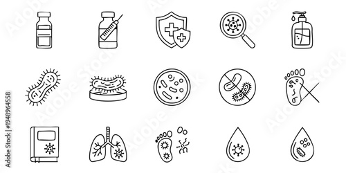 Medical icons depict various health and science symbols in a single view