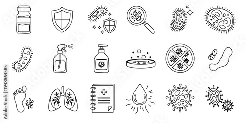 Medical icons depict various germs and health-related symbols in a scientific setting.