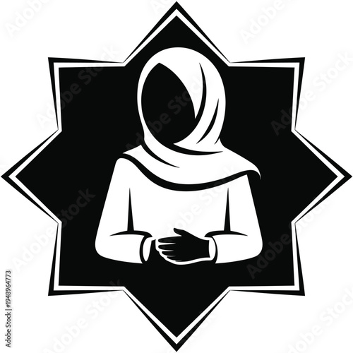 Black and white of a woman wearing a hijab inside a star-shaped frame