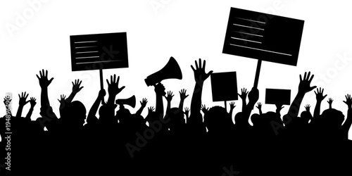 A crowd of people protest with raised hands holding signs and a megaphone.
