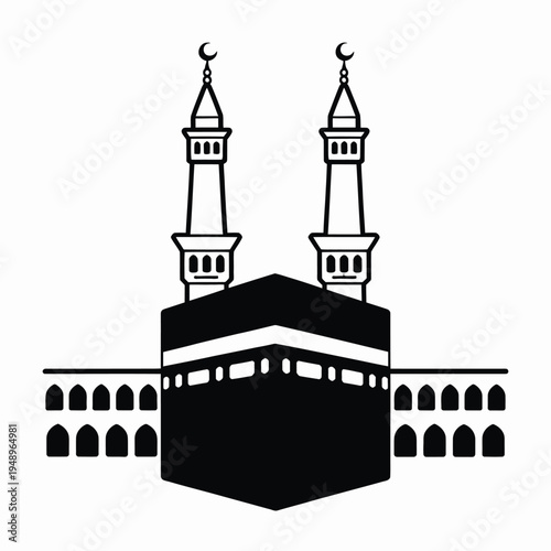 Black and white of the kaaba with two minarets and crescent moons on islamic architecture