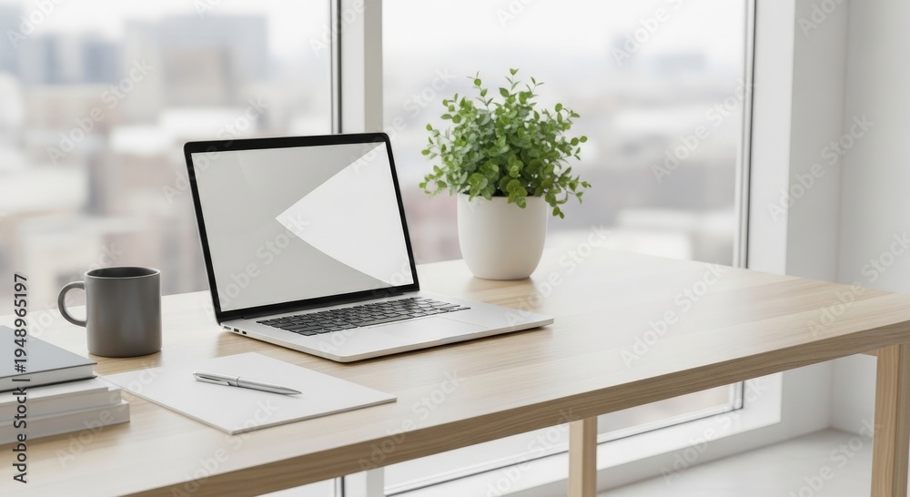 Fototapeta premium Modern Office Desk with Laptop, Plant, and City View