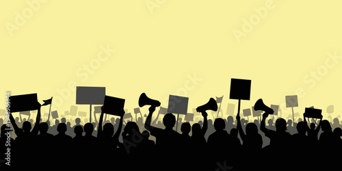 A crowd of people protest with signs and megaphones in city streets, showing emotions and social issues.