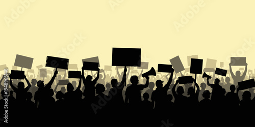 People protest with signs and megaphones in a crowd demonstration