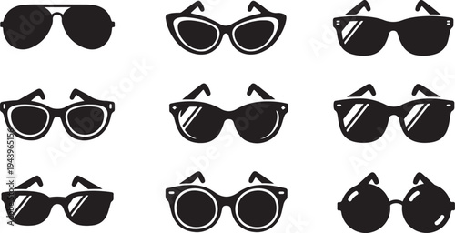 Collection of Various Black Sunglasses on White Background Illustration