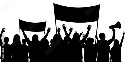 Crowd protesting with flags and megaphone in demonstration