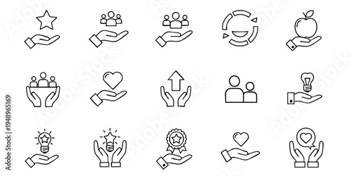 A collection of line icons depicting hands giving and receiving various symbolic objects and gestures.