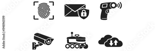 A collection of black silhouettes representing security technology and data protection concepts silhouette high quality professional detailed modern elegant stylish clean