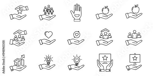 Hands holding various symbolic objects including people, heart, and lightbulb indoors