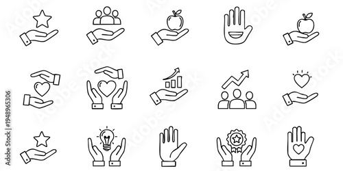 Various hands holding objects like stars, hearts, and people in a symbolic gesture.