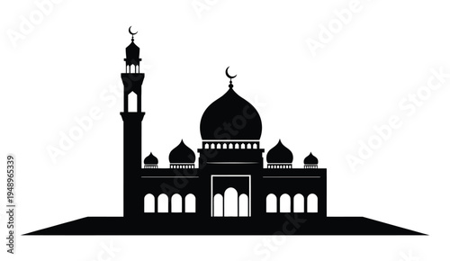 Black and white silhouette of a mosque with domes minarets and crescent moons