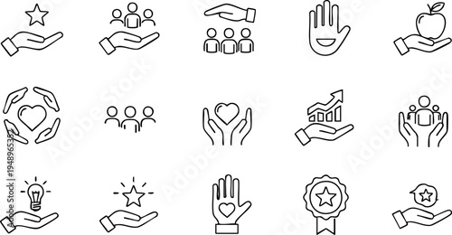 Various hands holding or offering objects and symbols in a line illustration.