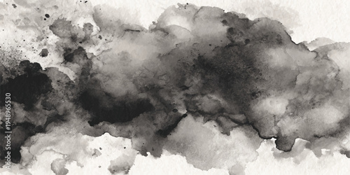 An abstract monochrome ink wash painting with blurred, textured strokes of black ink across the canvas.
