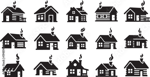 Black and white house icons with smoke coming out