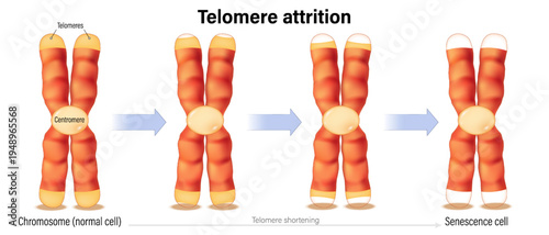 Telomere attrition. Aging process. Chromosomes shorten every time a cell divides. Telomeres become shortened. Hallmarks of aging.