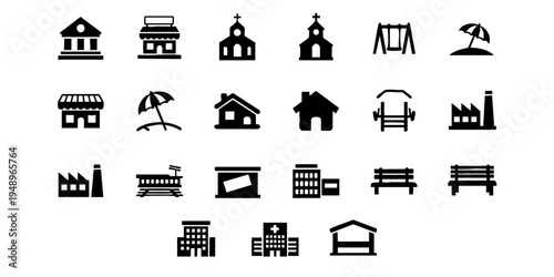 The illustration depicts various buildings and structures in a cityscape scene with industrial architecture.