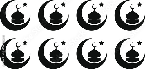 Eight black crescent moons with stars and mosque domes in a repeating pattern