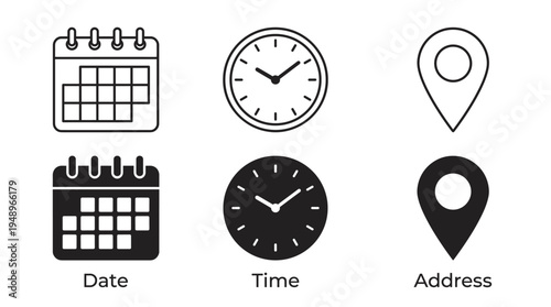 Calendar clock and location pin icons representing date time and address concepts for business scheduling and navigation on a plain white background