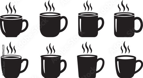 Eight black coffee mugs with steam rising illustration set