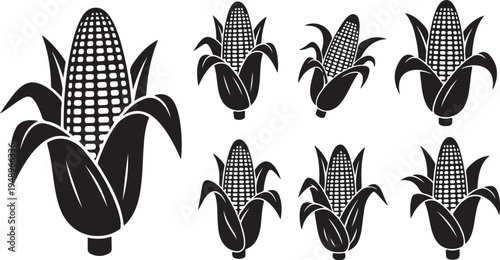 Black and white corn icons in various sizes arranged