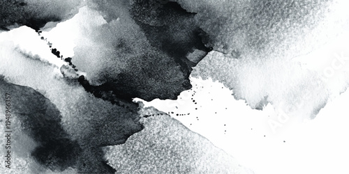 Abstract monochrome watercolor painting showcasing fluidity and depth. A close-up view reveals textures and gradients. The dynamic brushstrokes and the contrast between light and shadow.